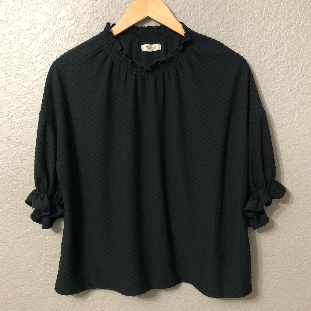 Madewell Black Clipdot Ruffle Top - Large